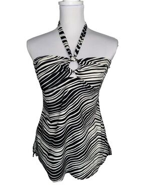Mix It Swim Zebra Print Halter Tankini Top Ring Front Black White L Y2K